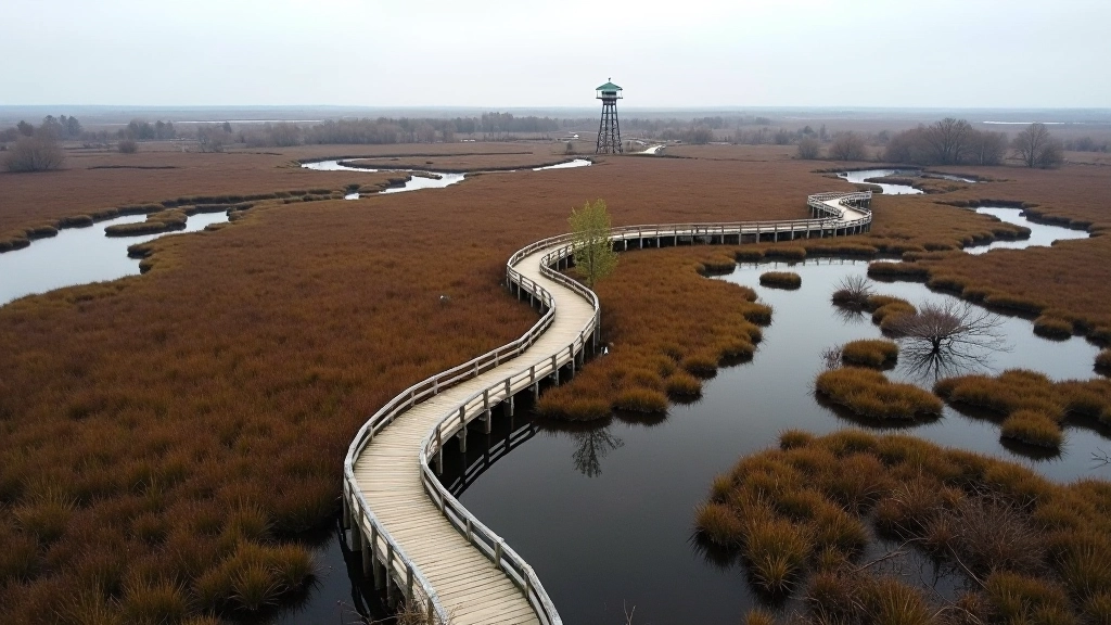 Aerial view of multiple boardwalk trails winding through bog landscape, observation tower visible in distance, patches of water and vegetation creating patchwork pattern