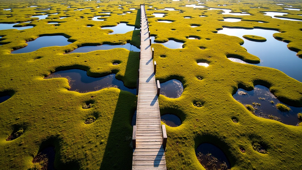 Aerial view of the bog landscape showing patchwork of vegetation types, water pools reflecting sky, and the observation boardwalk cutting through dense moss and heather