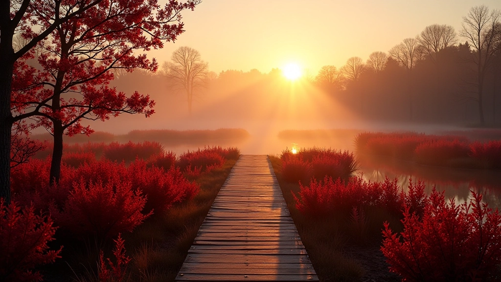 Autumn bog with red and burgundy cranberry foliage, golden sunlight through mist, water reflections creating moody atmospheric scene