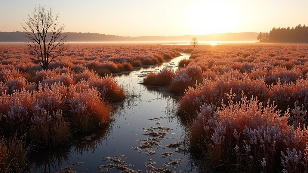 Autumn bog landscape with frost on vegetation and morning mist