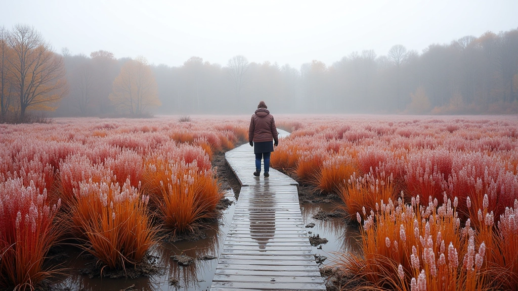 Autumn bog landscape with golden and red vegetation reflecting in water, frost on plants in morning light, misty atmosphere