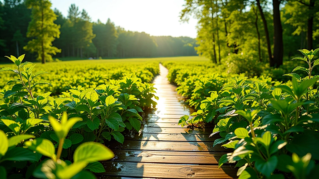 Lush summer bog landscape with full green vegetation canopy, bright sunlight creating shadows, water visible between dense plants