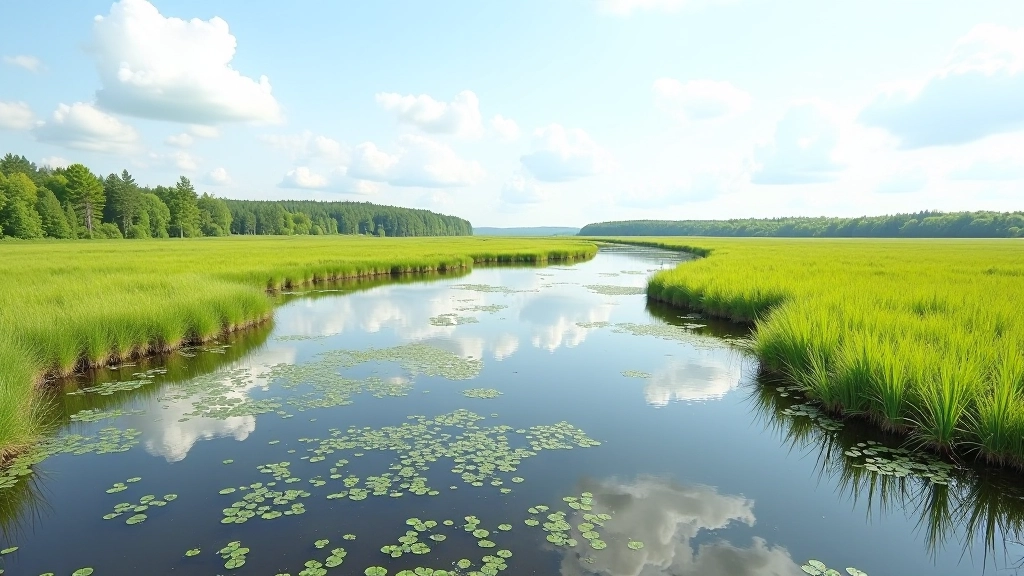 Spring bog scene with clear water pools reflecting sky, early vegetation emerging from water, and awakening wildlife activity