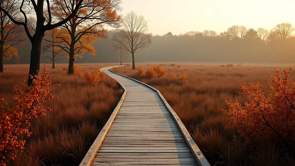 Wooden boardwalk winding through a misty wetland with green vegetation on both sides