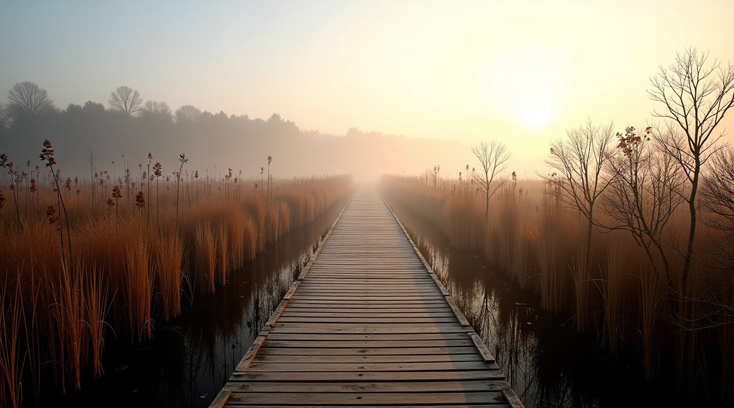 Wooden boardwalk path through bog with protective railings