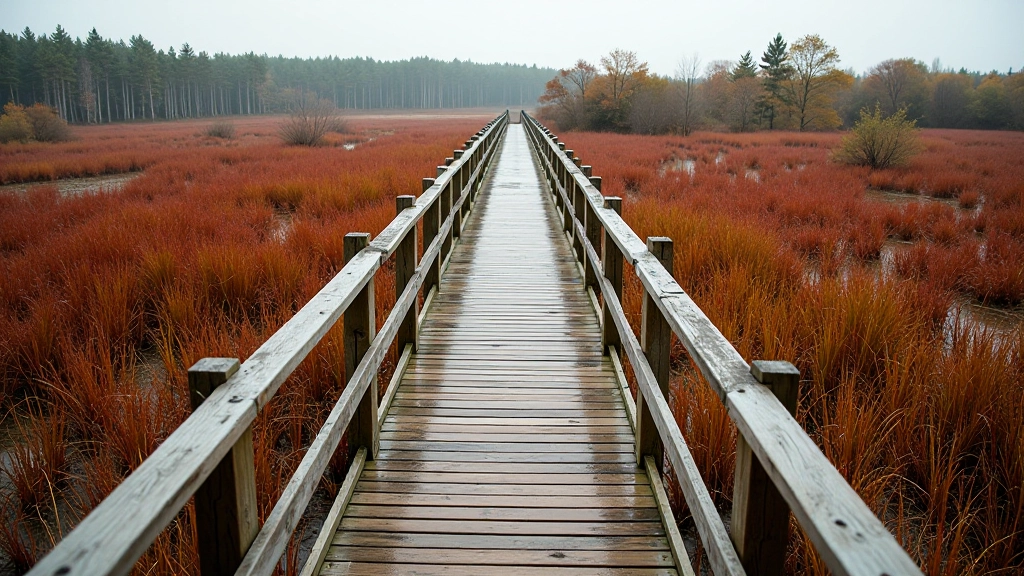 Elevated wooden boardwalk pathway extending straight through bog landscape with wetland vegetation on both sides and clear sky above