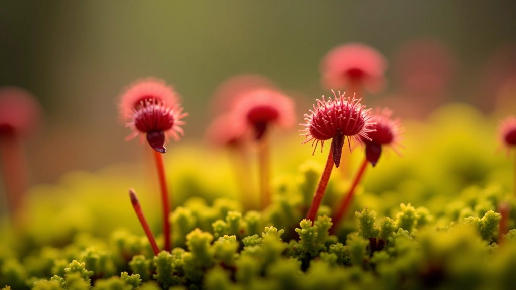 Close-up of carnivorous sundew plants with translucent tentacles covered in digestive fluids, growing among bright green sphagnum moss on the bog floor