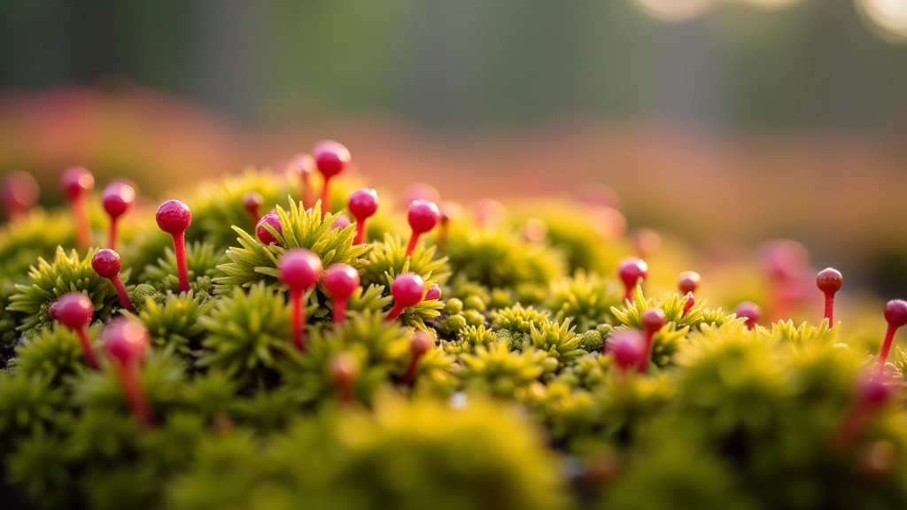 Close-up view of sphagnum moss with water droplets, cranberry plants visible among the moss, macro photography with soft natural light