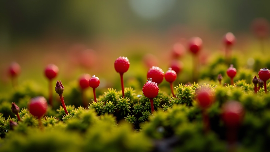 Close-up of cranberry plants with water droplets on moss in bog ecosystem