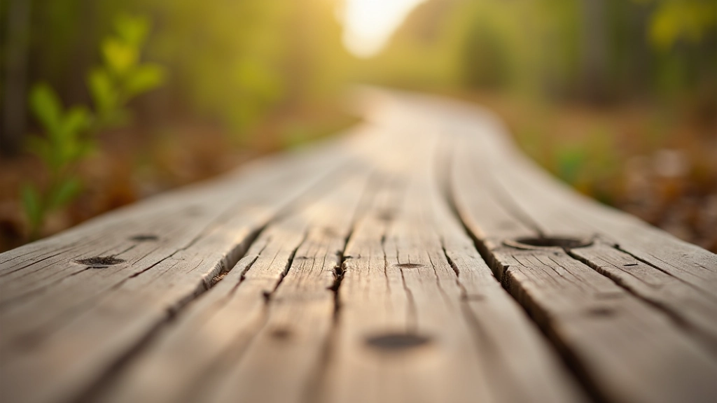 Close-up of sturdy wooden boardwalk surface showing non-slip texture and construction detail with weathered timber boards