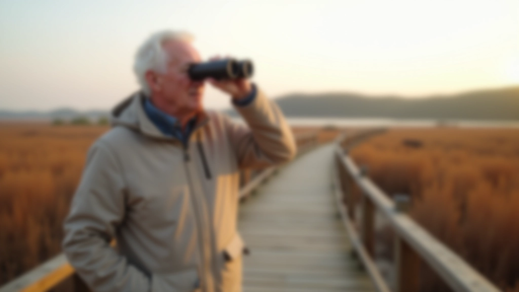 Person using binoculars from wooden boardwalk, observing birds in wetland, spring vegetation background, peaceful morning light