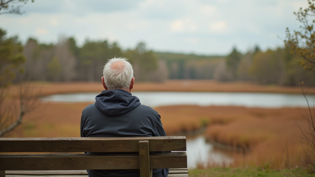 Person sitting on wooden bench platform in bog landscape, resting peacefully with view of wetland and distant trees