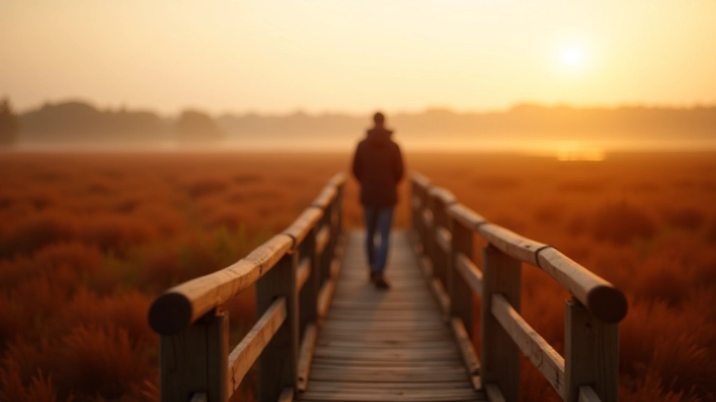Person standing peacefully on observation deck overlooking wetland landscape at sunset