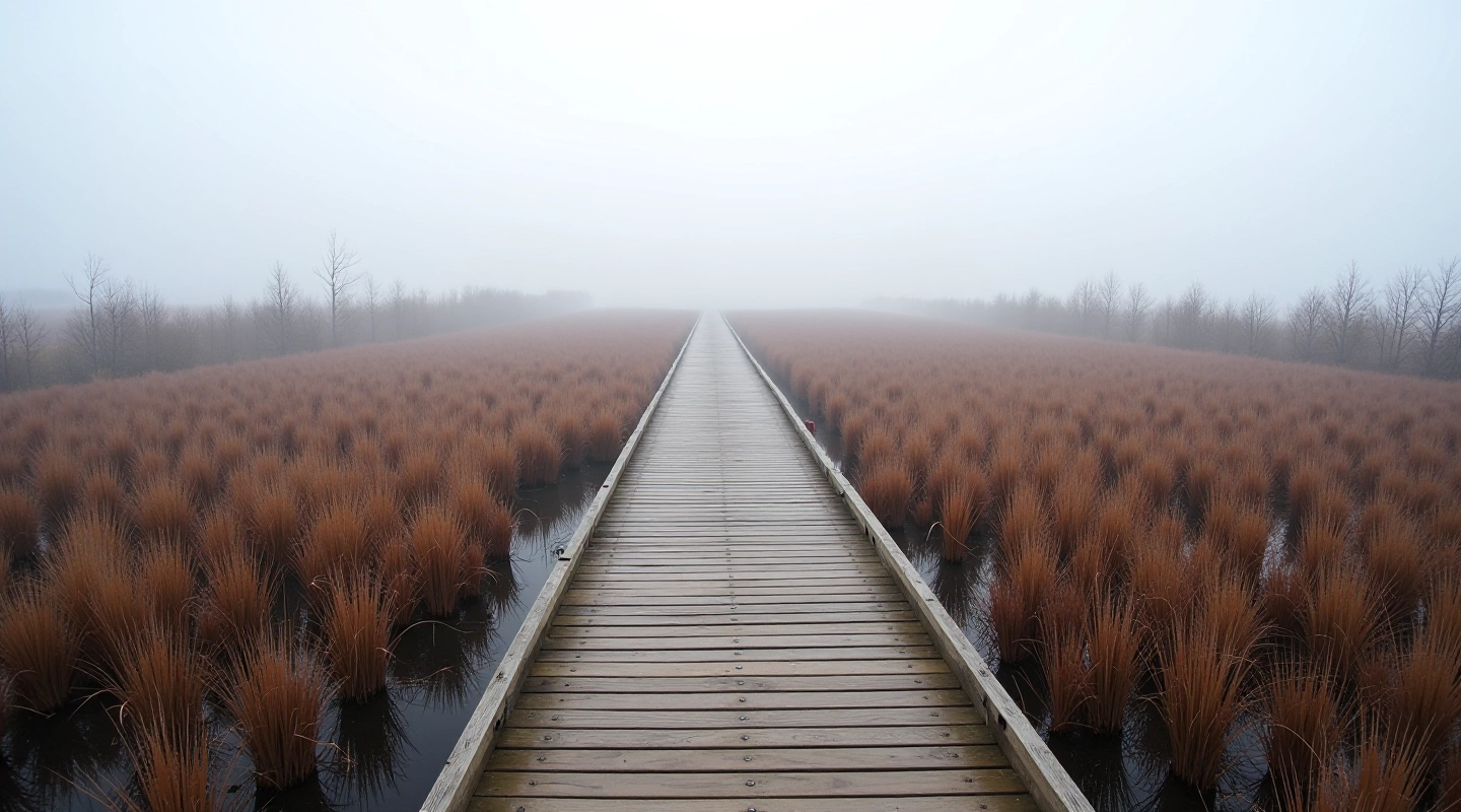 Wooden boardwalk stretching through misty bog landscape with tall reeds and vegetation on either side