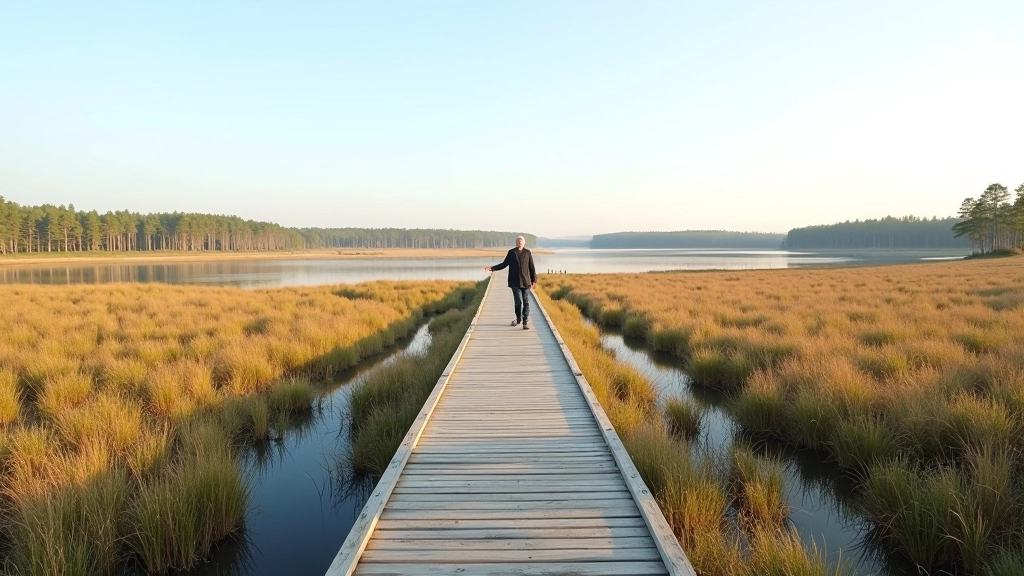 Open landscape view of cranberry bog with scattered vegetation, clear sky, and viewing platform railings in foreground