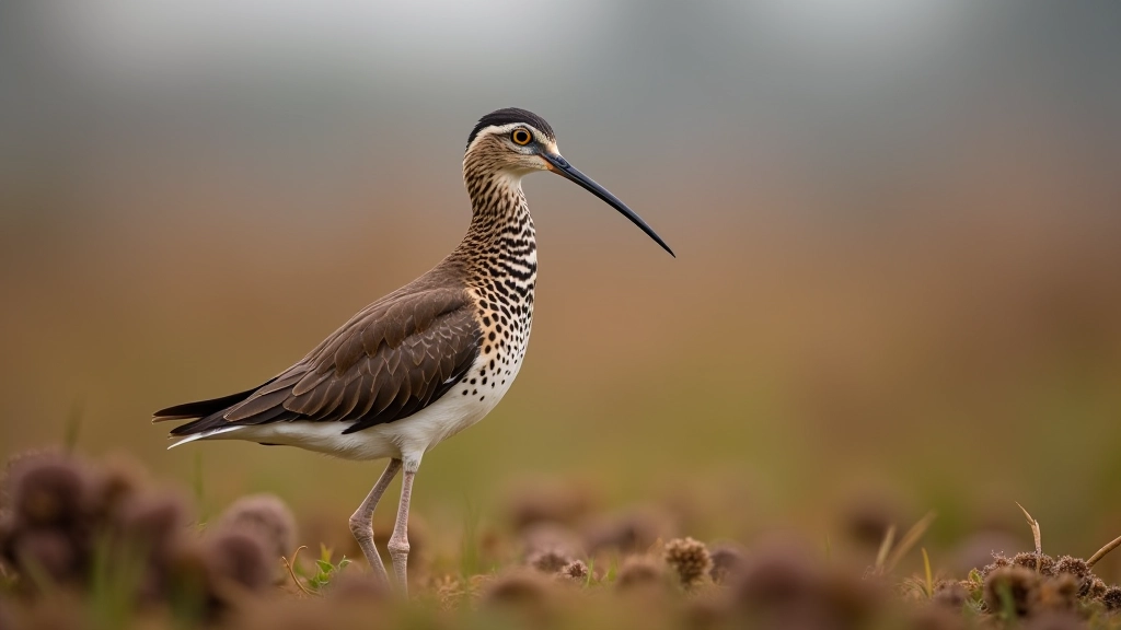 Great snipe bird perched on low vegetation at bog edge, detailed feather patterns visible, natural habitat lighting, autumn wetland setting