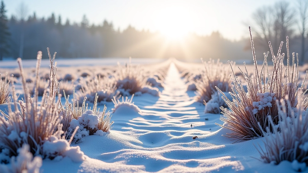 Winter bog landscape with frost and ice crystals on vegetation, crystalline surfaces catching light, peaceful snowy conditions