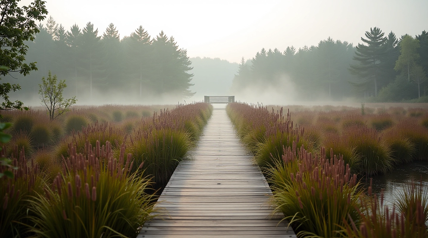 Accessible boardwalk winding through the cranberry bog at Čoftogglobal reserve with observation platform visible