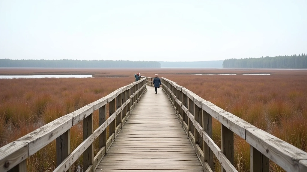 Wooden observation platform with railings extending over bog wetland with person observing landscape